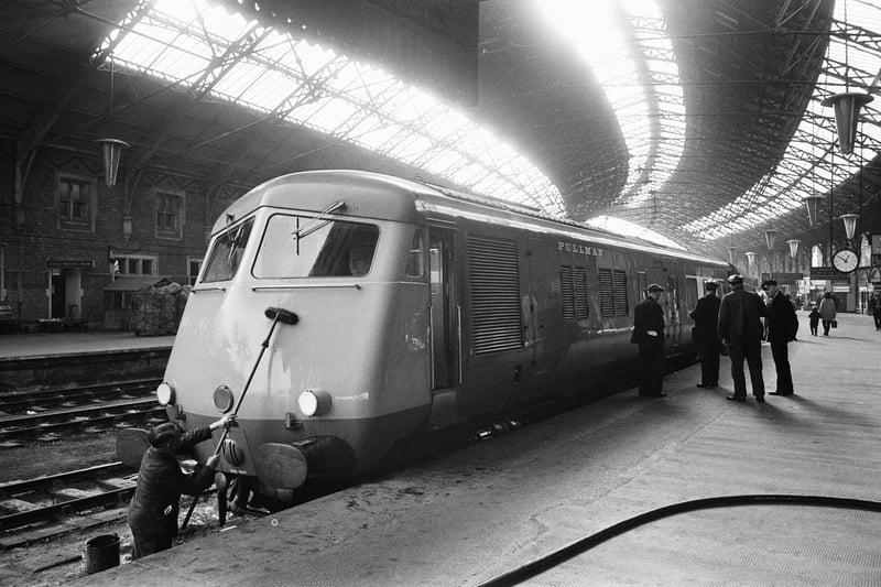 Passengers travelled in luxury on the Blue Pullman by British Rail. Here is the 1.15pm from Bristol to London Paddington standing at platform before departure on February 8 in 1967. The trains, which could reach a maximum speed of 90mph, were withdrawn by 1973.