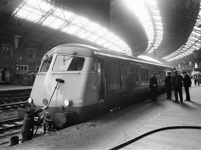 Passengers travelled in luxury on the Blue Pullman by British Rail. Here is the 1.15pm from Bristol to London Paddington standing at platform before departure on February 8 in 1967. The trains, which could reach a maximum speed of 90mph, were withdrawn by 1973.