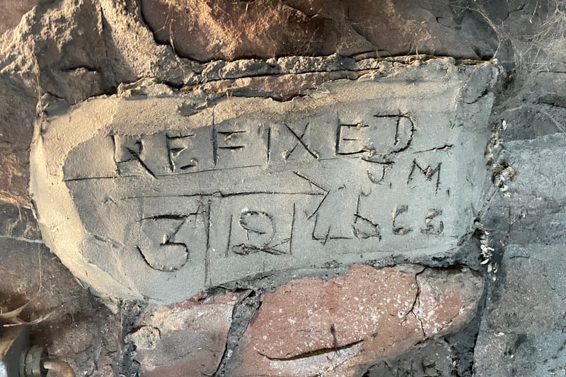 During the Bristol Blitz, Temple Meads station was bombed and the clock tower above the ticket office was destroyed. In 1946, it was repaired as this graffiti on the cement inside the clock chamber shows. 