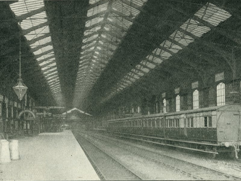 The extension to the engine shed, which itself was opened 1841 in an expansion to the station. In this picture, in 1909, a line of GWR carriages await a locomotive whilst milk churns can be seen on the opposite platform. Taken out of use in 1968, the engine shed is now an exhibition space which has been earmarked for redevelopment under the current Temple Quarter plans.