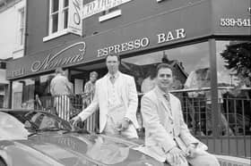 Maurizio Mori (foreground, sitting on car) and Gian Bohen (behind the car) celebrate the launch of Nonnas in this rare photo. 