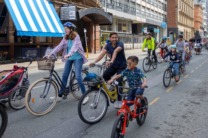 Kidical Mass Manchester organised its first mass family-friendly bike ride through the city centre. Photo: Rebecca Lupton