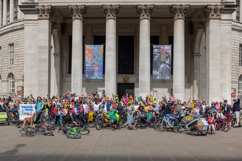 Organisers said more than 400 cyclists took part in the mass ride through Manchester, starting from outside the Central Library. Photo: Rebecca Lupton