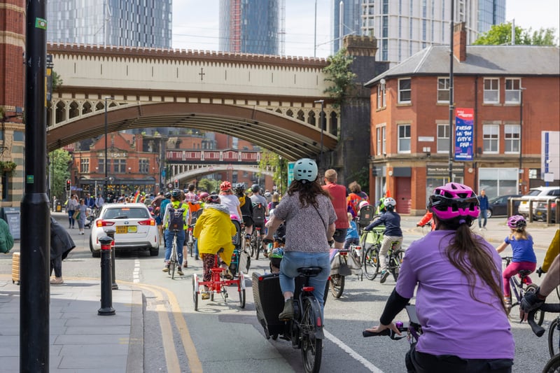 The procession of cyclists making its way through Manchester city centre. Photo: Rebecca Lupton