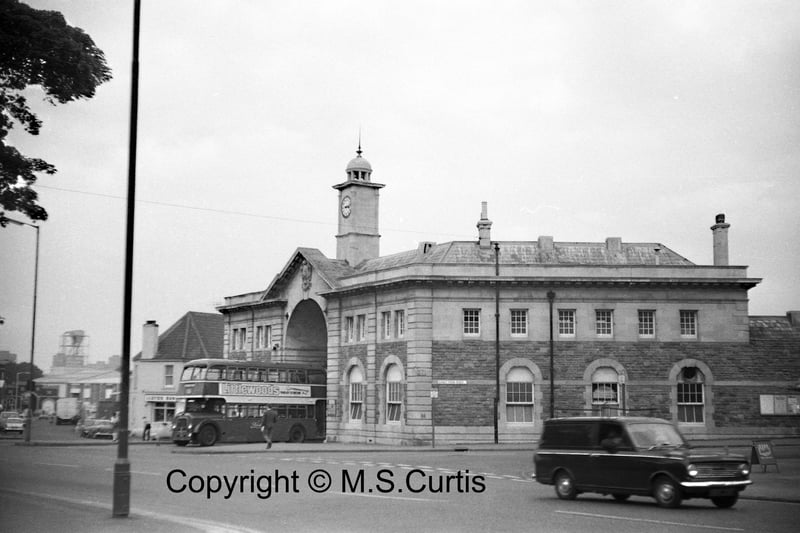 A double decker leaves Brislington bus depot on Bath Road.