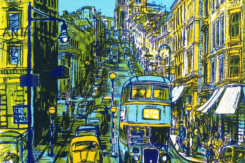 Cover art for a 1959 visitors guide to Bristol with a Bristol Omnibus Company bus racing down Park Street.