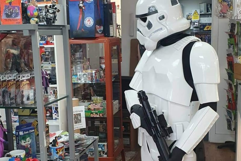 A Stormtrooper guards the Retro Bristol store...and keeps an eye on any Star Wars bargains.