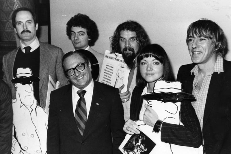 A group of celebrities at the press conference for the Amnesty International charity comedy gala ‘The Secret Policeman’s Ball’. From left to right, back row: John Cleese, Rowan Atkinson, Billy Connolly, Peter Cook and front row: Clive Jenkins and Anna Ford.  