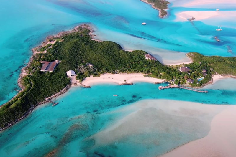 The fully staffed island, located in the Exumas archipelago, also has a helipad, gym and spa