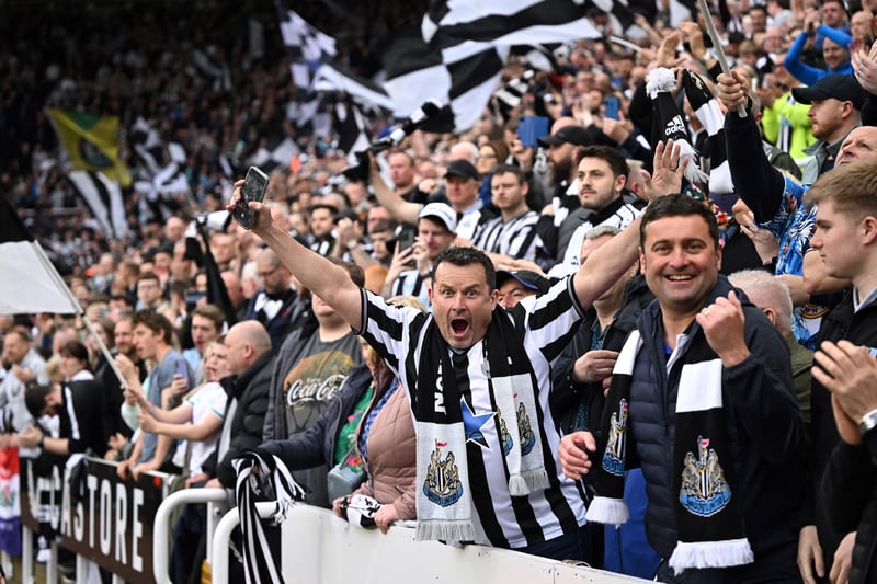 Newcastle United's supporters cheer during the English Premier League football match between Newcastle United and Brighton and Hove Albion at St James' Park in Newcastle-upon-Tyne, north east England on May 18, 2023. (Photo by Oli SCARFF / AFP) / RESTRICTED TO EDITORIAL USE. No use with unauthorized audio, video, data, fixture lists, club/league logos or 'live' services. Online in-match use limited to 120 images. An additional 40 images may be used in extra time. No video emulation. Social media in-match use limited to 120 images. An additional 40 images may be used in extra time. No use in betting publications, games or single club/league/player publications. /  (Photo by OLI SCARFF/AFP via Getty Images)