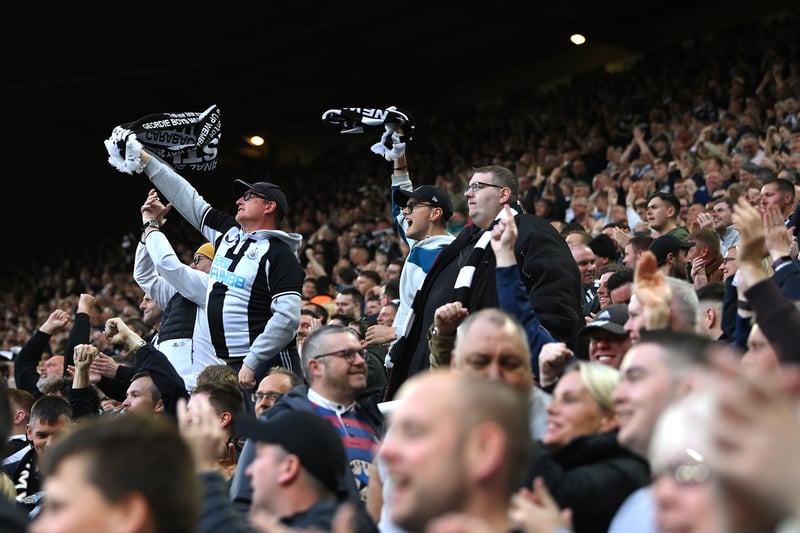 NEWCASTLE UPON TYNE, ENGLAND - MAY 18: Newcastle fans wave their scarves after the first goal during the Premier League match between Newcastle United and Brighton & Hove Albion at St. James Park on May 18, 2023 in Newcastle upon Tyne, England. (Photo by Stu Forster/Getty Images)