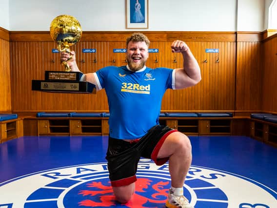 Two-time World’s Strongest Man winner Stoltman often competes in strong man events across the world with his older brother Luke often wears his Rangers shirt abroad and was given a VIP tour of the stadium last year. Often mingles with supporters and was in Seville for the Europa League Final. 