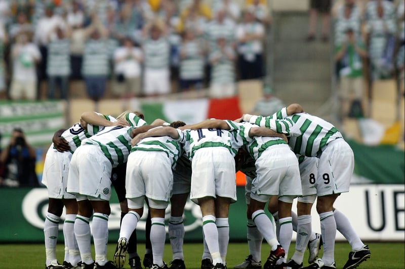 The Celtic players huddle together to receive some final pre-match instructions from captain Paul Lambert at the Estadio Olimpico.