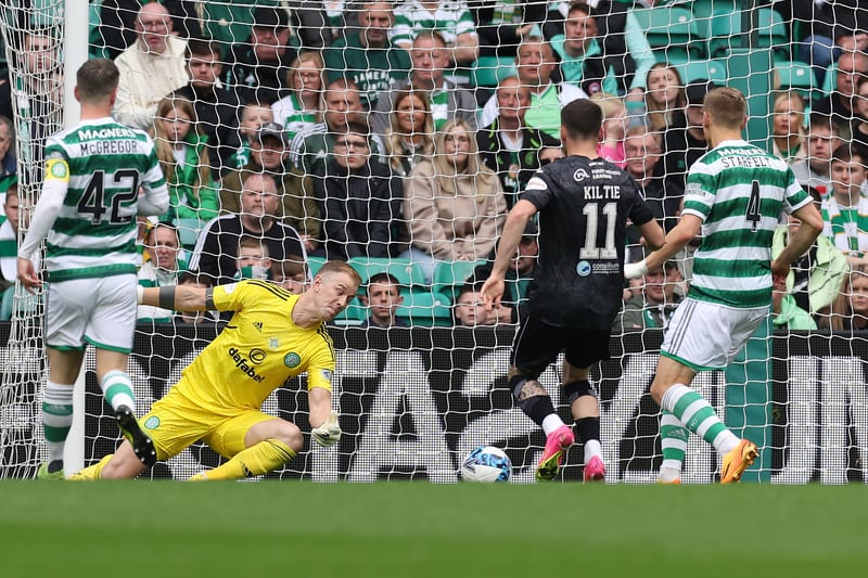 Celtic goalkeeper Joe Hart is beaten by Curtis Main’s composed low finish to give St Mirren an early lead at Celtic Park.
