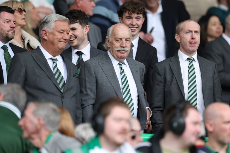 Celtic owner Dermot Desmond is pictured prior to kick-off alongside chairman Peter Lawwell and chief executive Michael Nicholson.