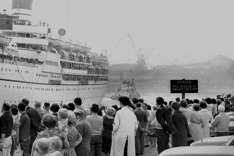 More parents try to spot their children on board the ship as it sets sail at noon on June 17 1967 for Gibraltar.