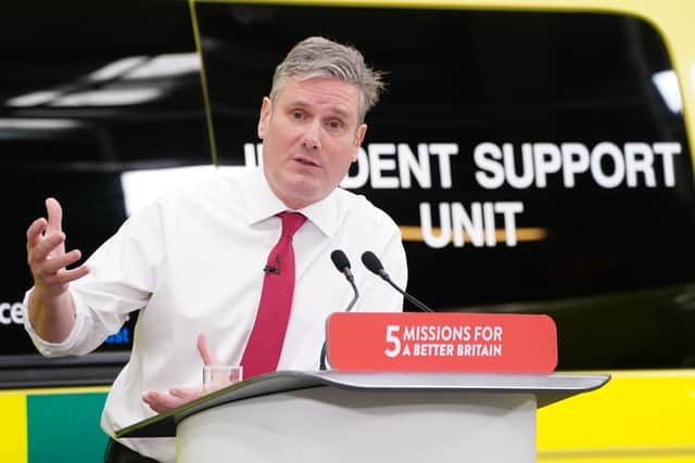 Labour leader Sir Keir Starmer making a speech about the NHS during a visit to East of England Ambulance Service NHS Trust (EEAST) Hazardous Area Response Team (HART) Station in Braintree, Essex. Credit: Ian West/PA Wire
