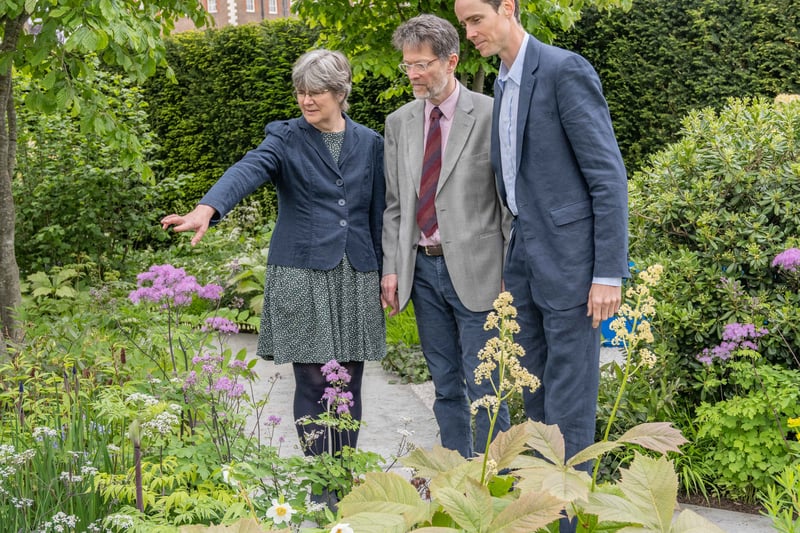 Helena & David Clarke from Rare Dementia Support with Designer Charlie Hawkes at the Rare Space Sanctuary Garden designed for The National Brain Appeal.