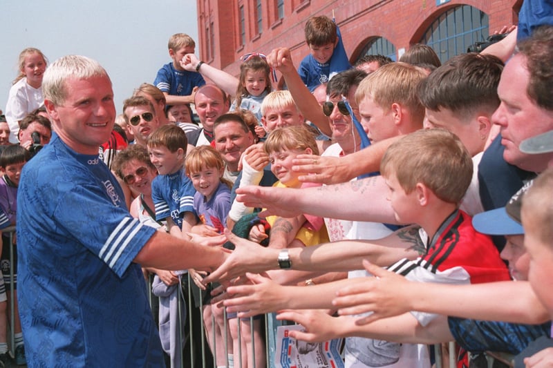 Paul Gascoigne meets fans of his new team after signing for Rangers in July 1995.