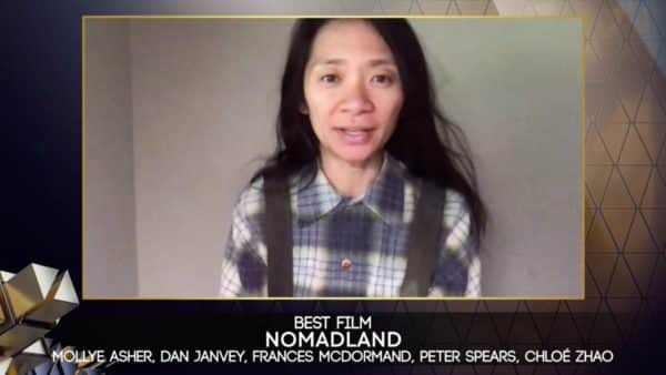 Accepting the best film prize for Nomadland, director Chloe Zhao dedicated the award to "the nomadic community who so generously welcomed us into their lives" (Photo: Bafta)