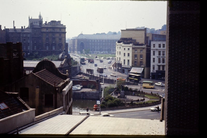 Taken in 1967 by Olive Evans from an office on Broad Quay, this colour photo shows the bottom of Park Street and College Green