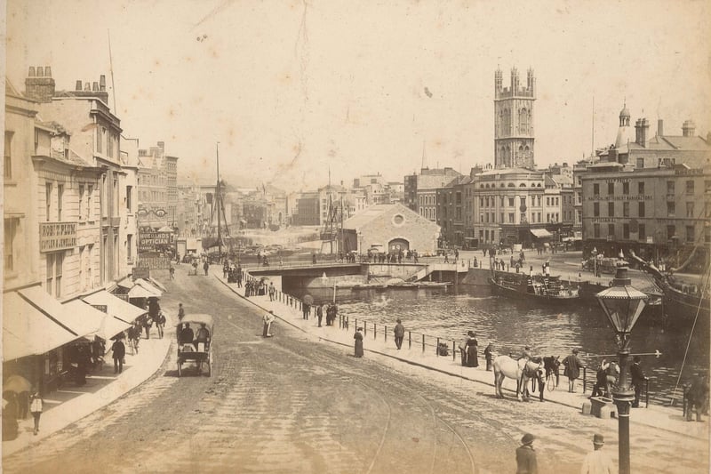 The view from College Green looking across St Augustine’s Reach, circa 1890, with the river still flowing through the city centre.