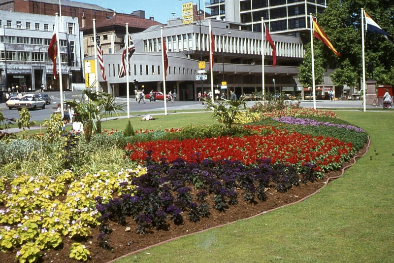 The neat lawns and flower beds on the city centre in the hot summer of 1978.