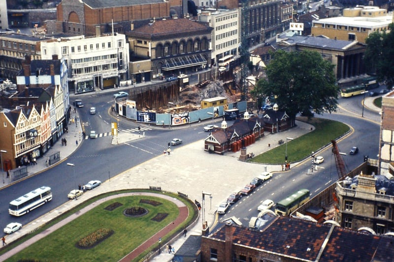 This photo from the mid-1960s shows work under way on the site of the Colston Tower and also the Victorian toilet blocks at the end of the city centre gardens.