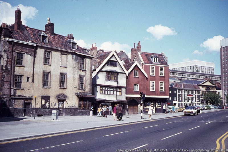 Old buildings at the front of Christmas Steps, September 1975. Although the old building on the left was demolished, the black and white timber-framed building in the middle is still there and now a cake shop.