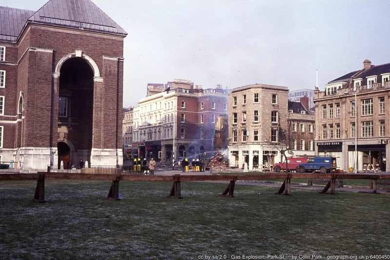Firefighters at the scene of the huge gas explosion in Park Street, which happened in the early hours of December 29, 1976. Numbers 4 and 6 Park Street were destroyed in the blast - number six is where the Banksy grafitti Well-Hung Lover is today.