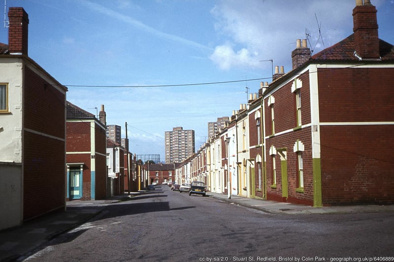 Rows of Victorian terraced houses in Stuart Street, Redfield, in August 1978. Apart from fewer cars parked in the street, not much has changed  since then.