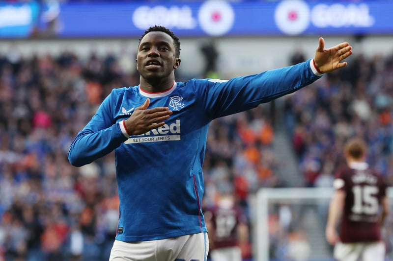 The pacy Zambian forward was alert to the danger as he takes the acclaim of the Rangers support after firing them in front.