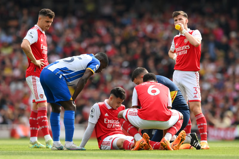 Was the victim of a rough sliding challenge from Moises Caicedo in Arsenal’s 3-0 defeat to Brighton. Mikel Arteta said it was an ankle problem to keep him out for “weeks at least”.