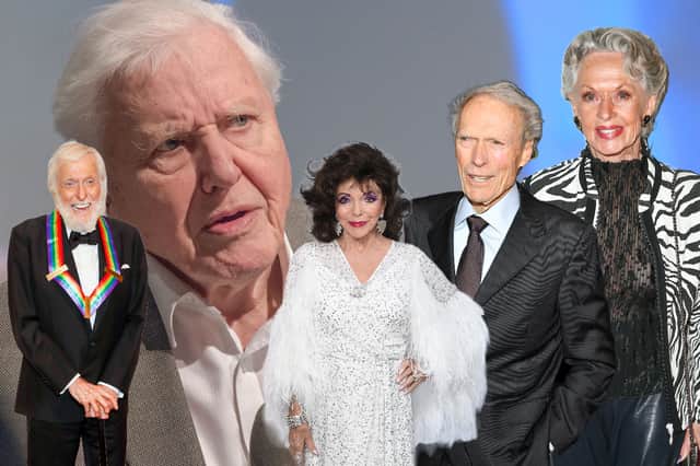Famous celebs aged 90 and over now and then like  Dick Van Dkye, Joan Collins, David Attenborough, Clint Eastwood and Tippi Hedren.