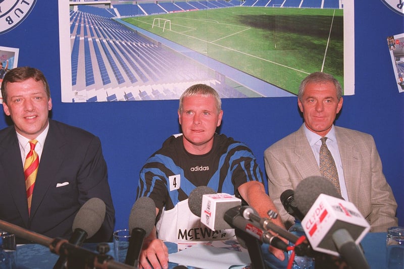 The England international is flanked by Rangers manager Walter Smith and chairman David Murray as he is unveiled to the gathering media at Ibrox. Smith flew to Rome to meet with Gazza in person to ask if he would come and play for the club, to which he replied “Aye, alright”