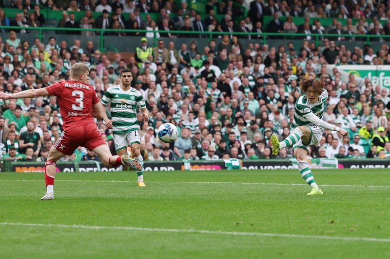 Clinical Kyogo Furuhashi scores the opening goal for Celtic on Trophy Day. The Japanese striker enjoyed another clinical afternoon in front of goal.
