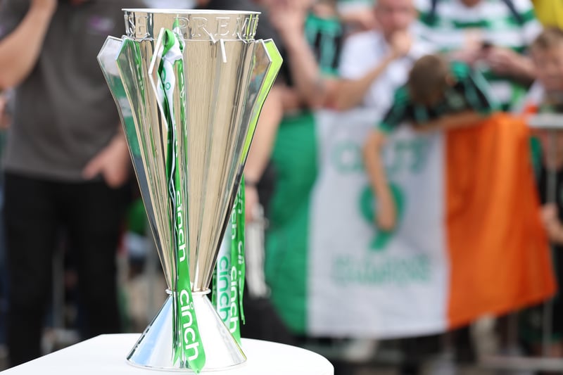 The SPFL trophy on display outside the main entrance to Celtic Park for fans to see ahead of kick-off.