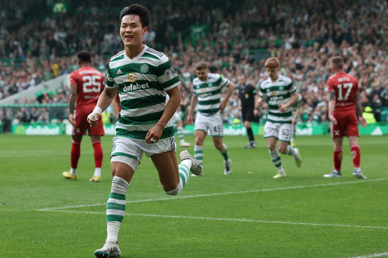 A delighted Oh Hyeon-gyu races towards the corner flag after scoring Celtic’s fourth goal of the afternoon.