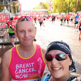 Judith and husband Paul at the finish line of the 2021 London Marathon.