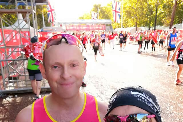 Judith and husband Paul at the finish line of the 2021 London Marathon.