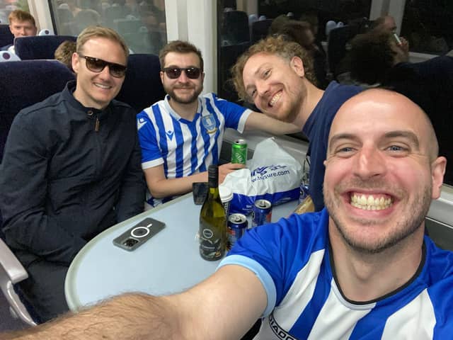 Dan Walker was offered pork pies by friendly Sheffield Wednesday supporters on the train to Wembley Stadium. (Photo - @alexgnye Twitter)