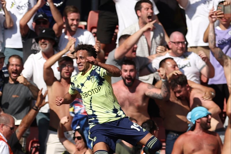  Rodrigo Moreno of Leeds United celebrates in front of the away fans