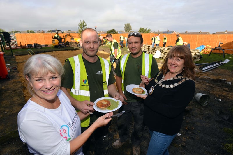 Time for pie and peas in 2016 with Carole Lister, Apollo's volunteers Dean Dowe and Dean Jackson with Seaham mayor Susan Morrison.
Workers were having a break during a makeover for the Clarke Lister Feelgood Centre garden.