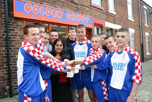 What a result for these lads in 2005. The Golden Chippie in Boldon donated new football kit to Boldon Colts - and owner Sue Kaur threw in a bag of chips for good measure.