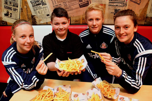 Sunderland Ladies footballers Beth Mead, Rachel Furness and Rachael Laws joined 11 year old Myles Drinkald in 2015 after he won a 'seasoned chips competition' at the Stadium of Light.