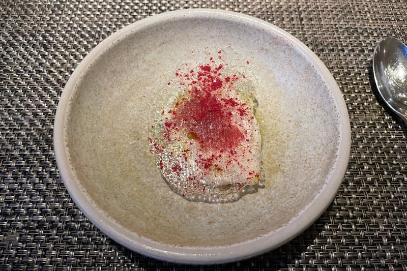 The rhubarb is more of a pre-dessert that is a fantastic palate cleanser. Before the sweet ending, it’s nice to clean your palate which is sort of a cheesecake with a cream cheese sorbet served with fresh rhubarb. 
