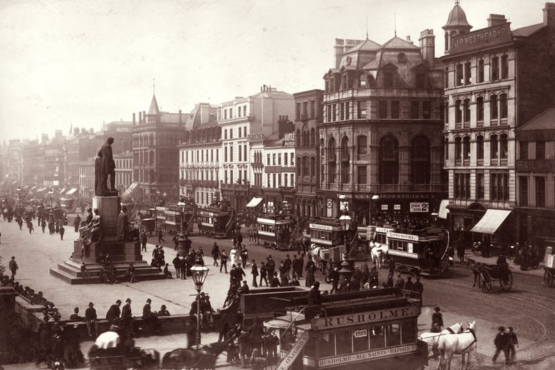 Trams in Piccadilly, Manchester. circa 1880  (Photo by James Valentine/Hulton Archive/Getty Images)