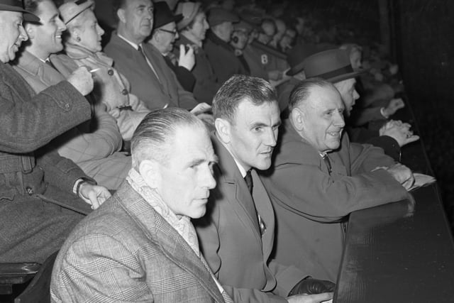 A scene from 1956 showing Don Revie, front centre, in the directors box on the day he signed for Sunderland.