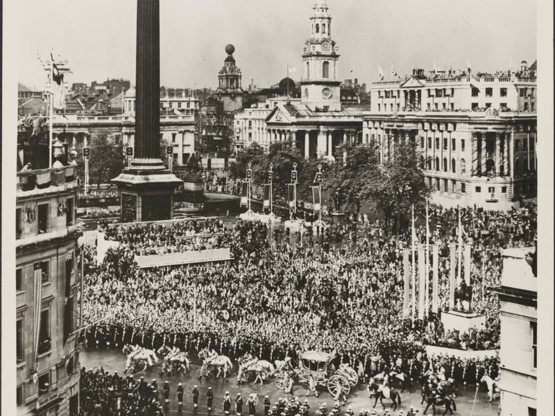 Coronation Queen Elizabeth II 1953, The Coach passing Trafalar Square. 