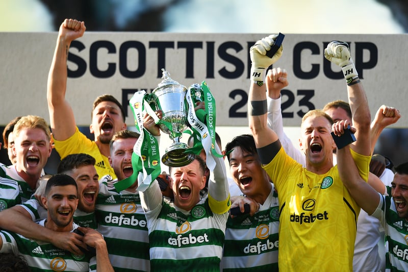 Celtic captain Callum McGregor hoists the Scottish Cup trophy aloft and bags his 20th major honour in the process.